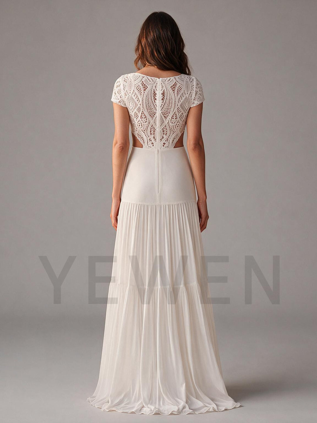 Ivory Illusion Short Sleeve Cutout Waist Lace Boho Wedding Dress
