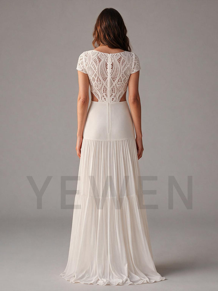Ivory Illusion Short Sleeve Cutout Waist Lace Boho Wedding Dress
