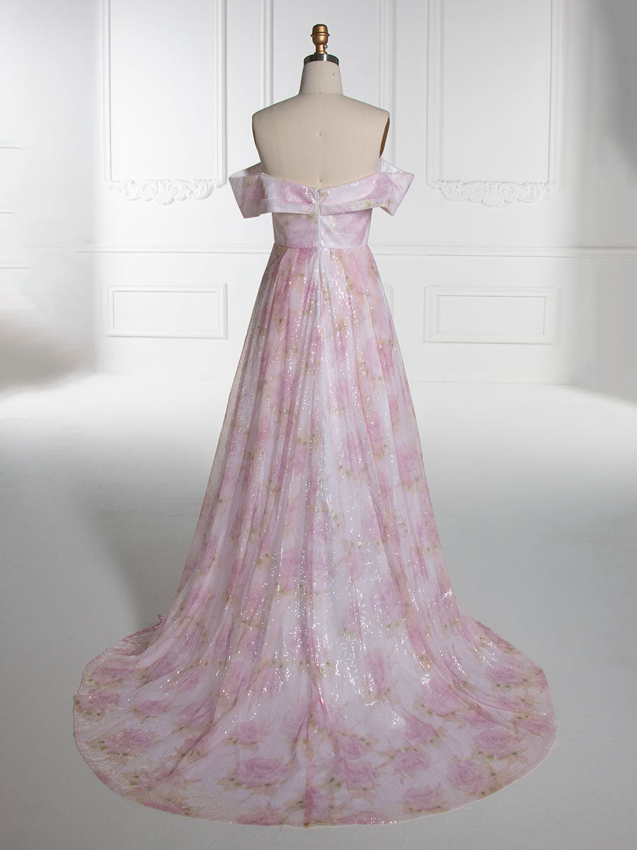 Elegant Off Shoulder Pink Printed Prom Dress YE3019