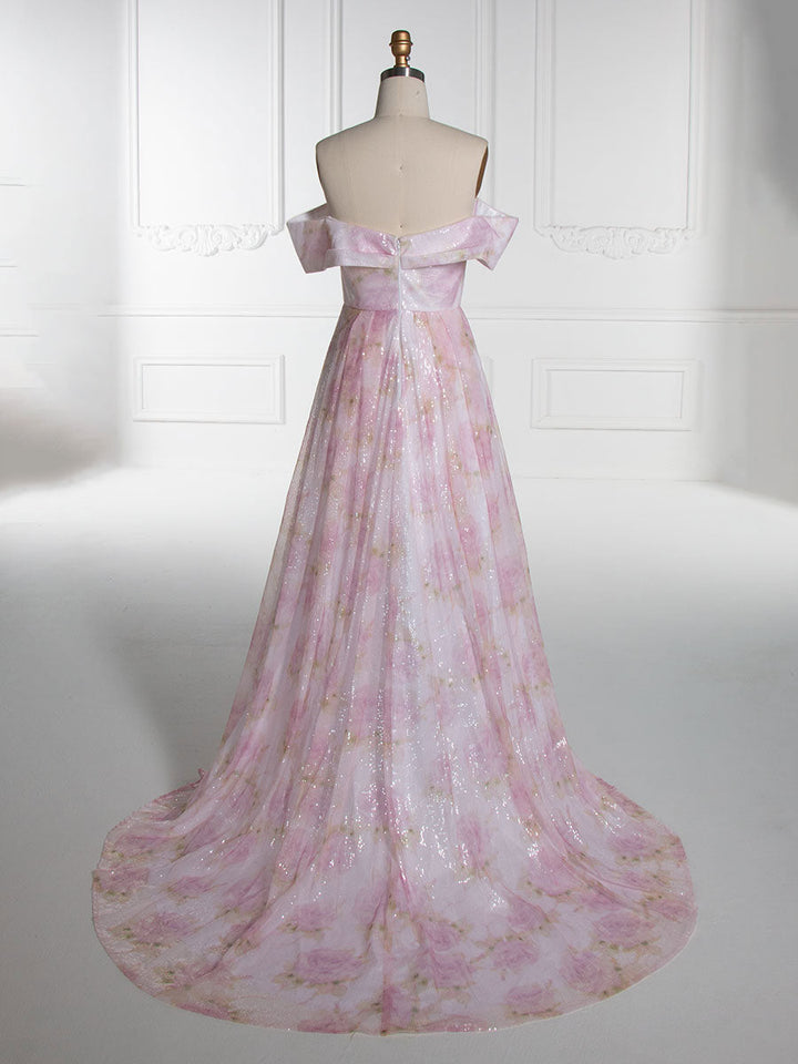 Elegant Off Shoulder Pink Printed Prom Dress YE3019