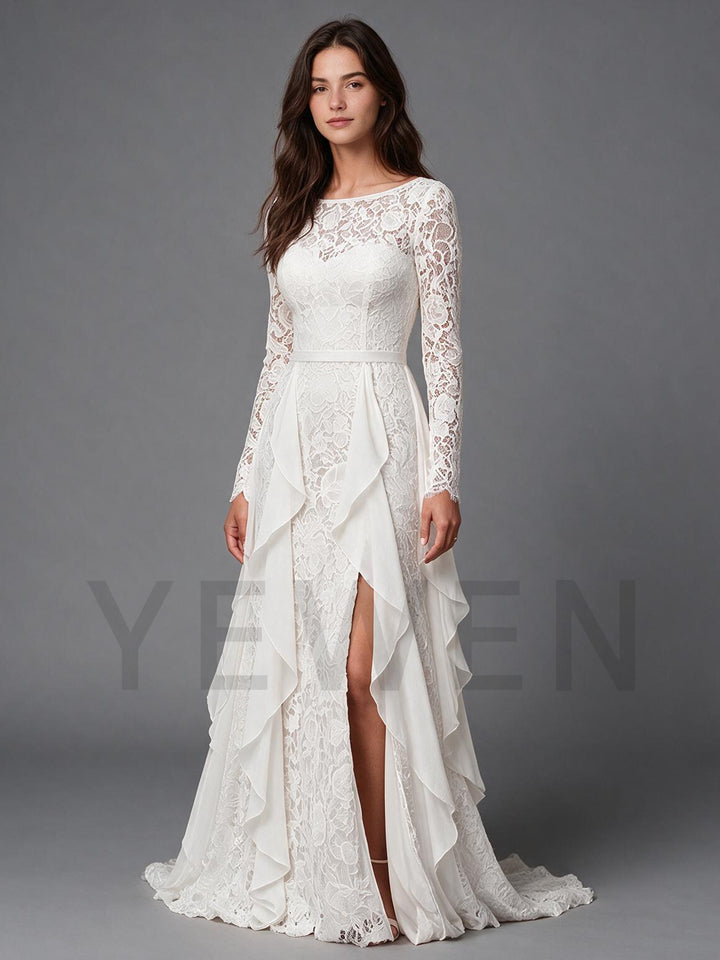 Ivory Fitted Lace Bodice Sheer Long Sleeve Boho Wedding Dress