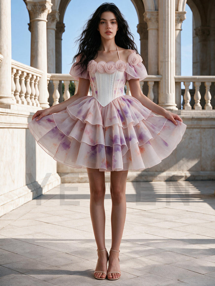 Pink Purple Floral Watercolor 3D Rose Princess Dress WT268016