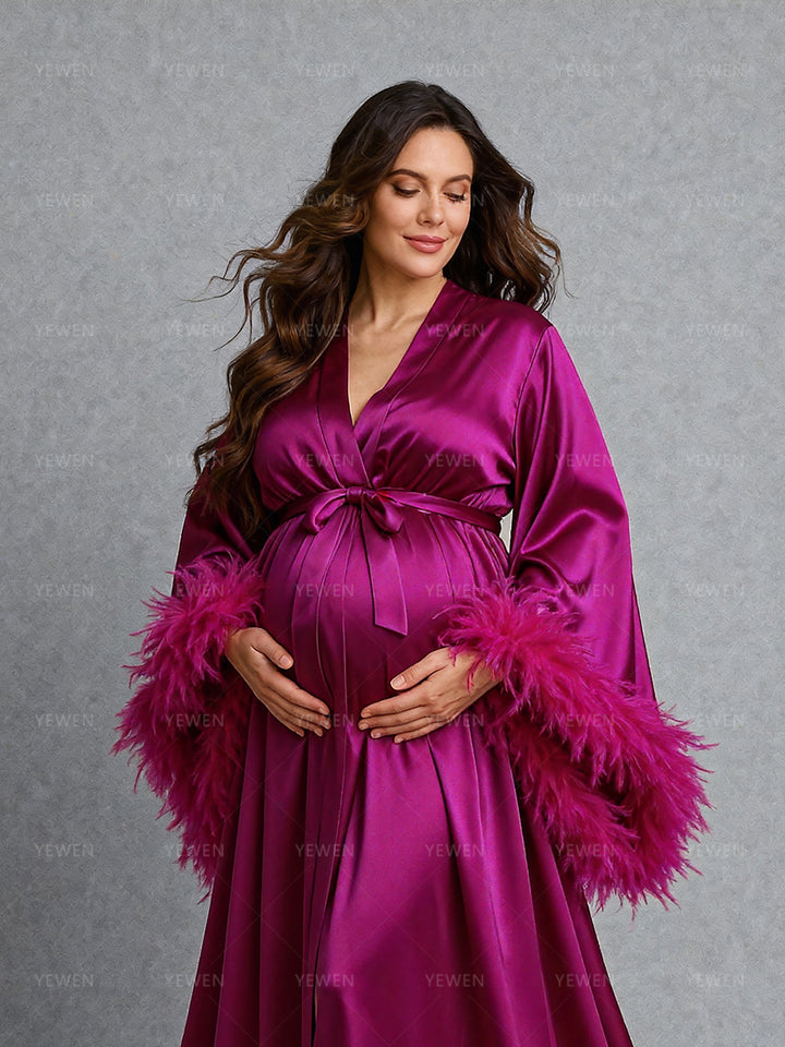 Elegant Magenta Satin Maternity Robe Long Train Feather Trim Pregnancy Photoshoot Dress Luxury Maternity Photography Outfit