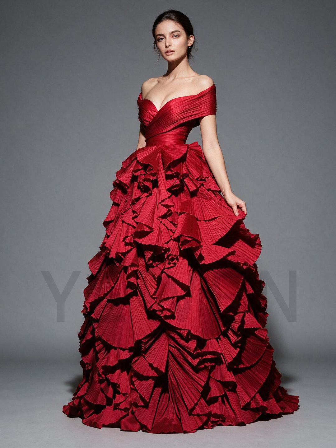 Red Off-Shoulder Criss-Cross Pleated Tiered Christmas Dress YW2610093