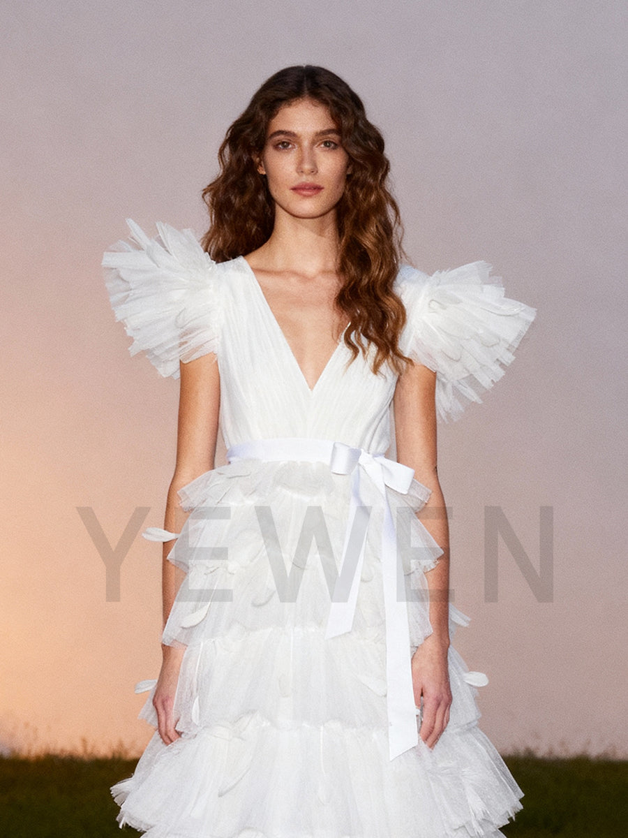 V Neck Tulle Tiered A Line Prom Bridal Dress Boho Bridal Gown