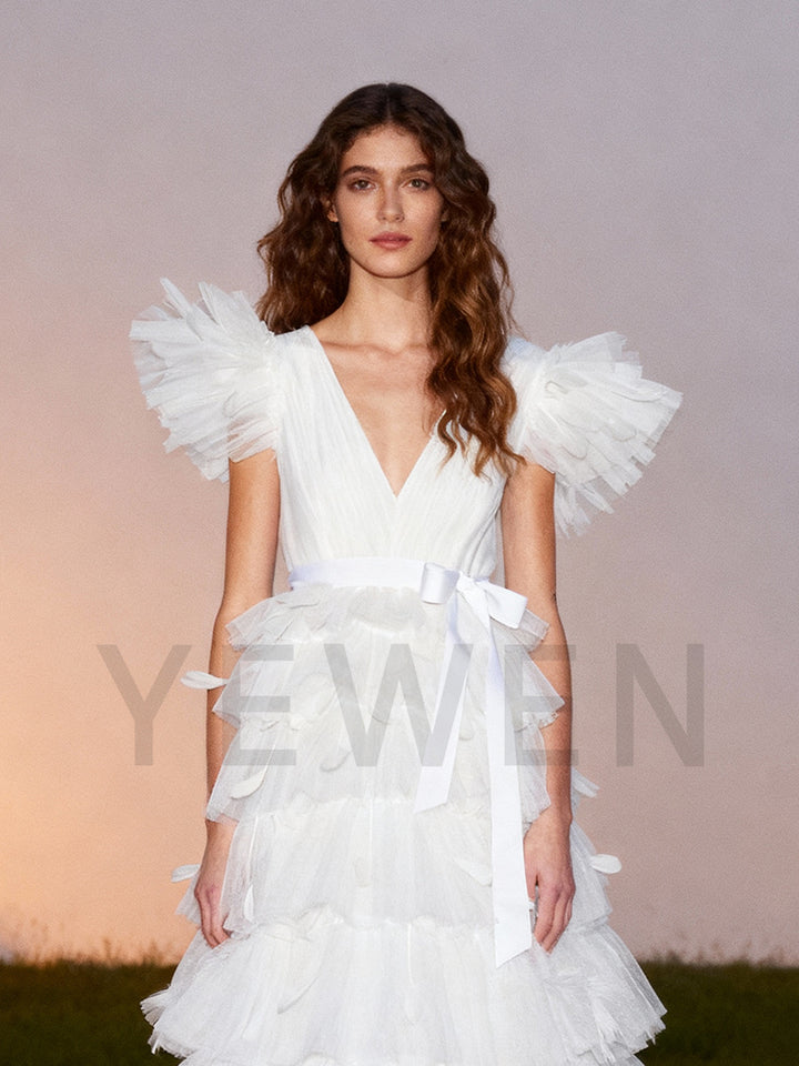 V Neck Tulle Tiered A Line Prom Bridal Dress Boho Bridal Gown