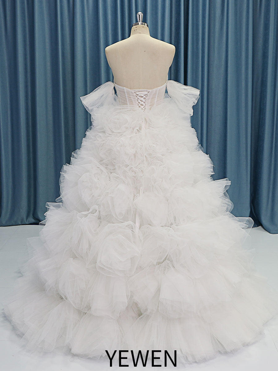 Elegant Off the Shoulder Tiered Tulle Flower Wedding Dresses wiht Round Hem YW230521-1 – yewendress Elegant Off the Shoulder Tiered Tulle Flower Wedding Dresses wiht Round Hem YW230521-1 – yewendress