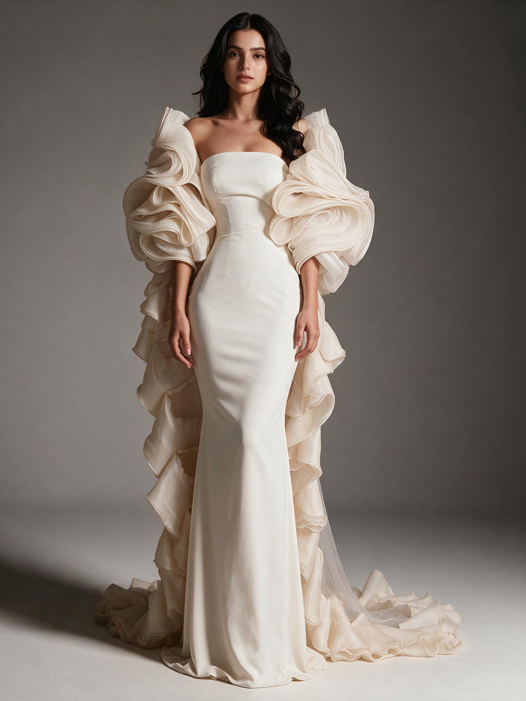 Strapless Ruffle Sleeve Mermaid Evening Gown with Long Train YW2609261