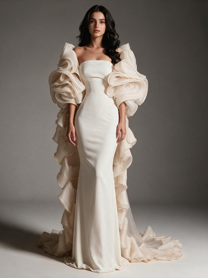 Strapless Ruffle Sleeve Mermaid Evening Gown with Long Train YW2609261