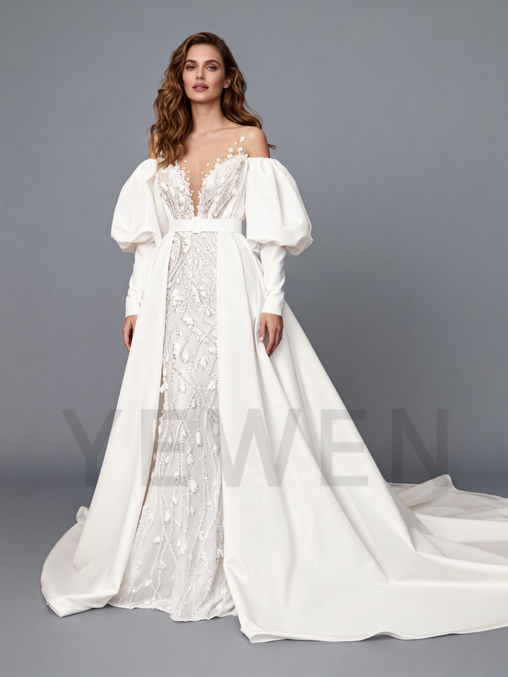 Fashion V Neck Mermaid Beads Wedding Dress Off Shoulder Long Sleeves Bridal Gown
