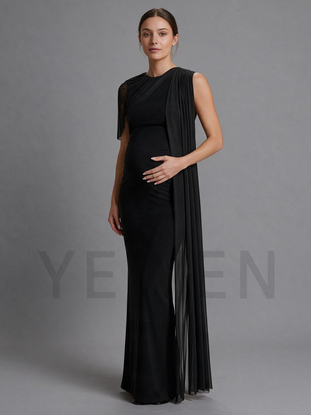 Black One-Shoulder Maternity Baby Shower Dress with Long Sheer Sash