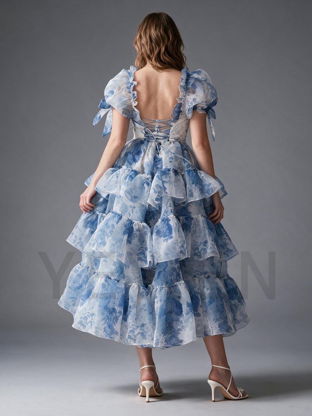 Blue Floral Puff Sleeve High-Low Tiered Ruffle Princess Gown YW2609292
