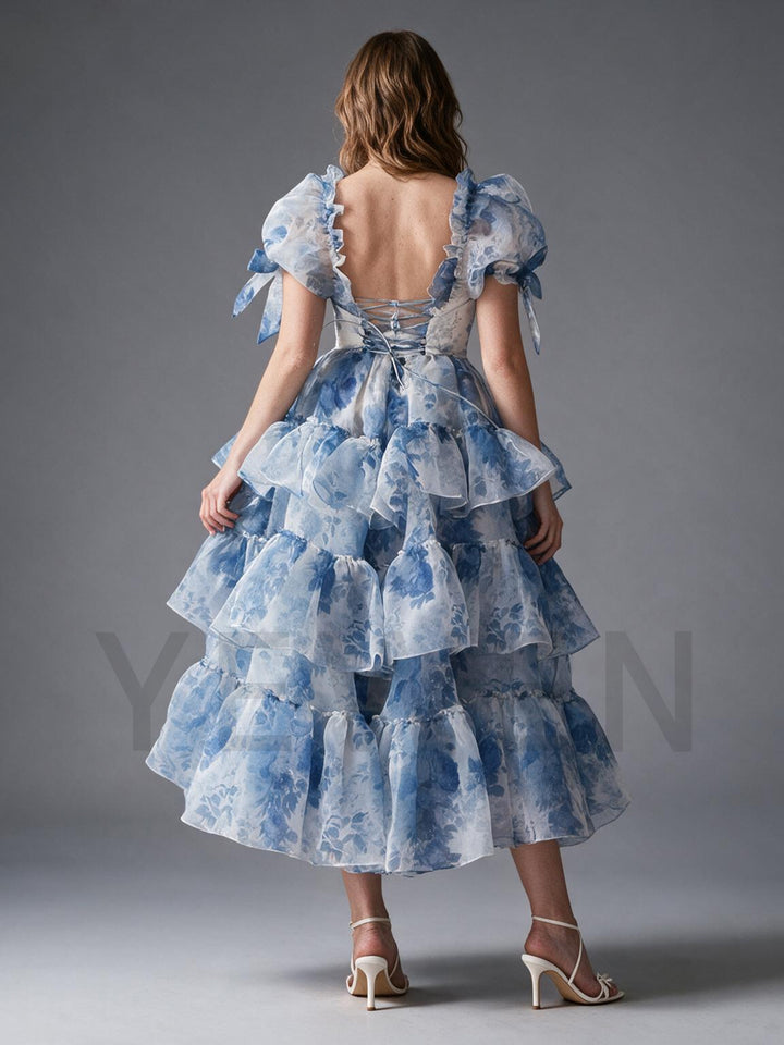 Blue Floral Puff Sleeve High-Low Tiered Ruffle Princess Gown YW2609292
