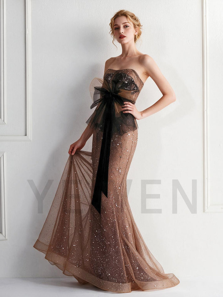 Glitter Sequin Tulle Strapless Evening Gown with Black Bow YX0010