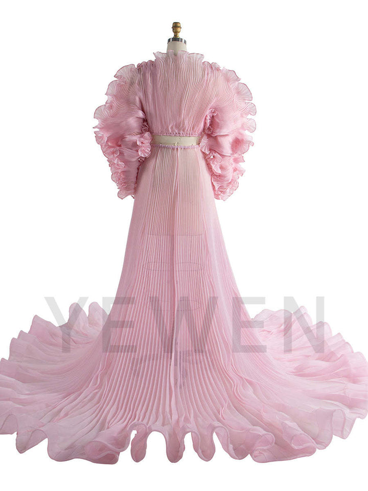 Pink Color 2 Piece Set Pleated Organza Maternity Dresses for Photoshoot Sheer Dress for Maternity Baby Shower YW250013-1