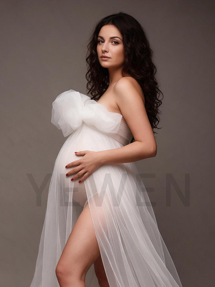 Strapless Tulle Bow Sheer Overlay Maternity Photoshoot Gown YW2609301
