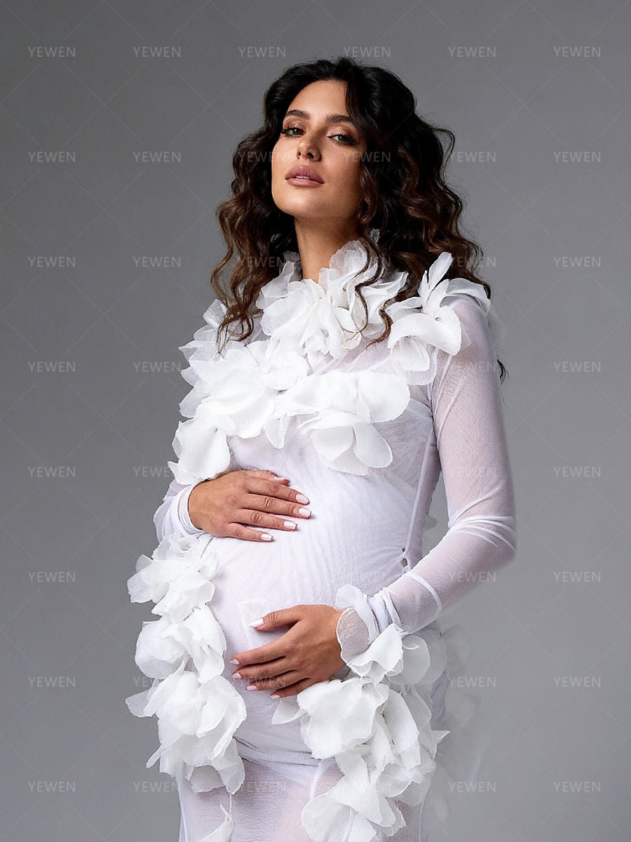 Sheer Maternity Photoshoot Dress Elegant White 3D Floral Long Sleeve Pregnancy Photography Gown