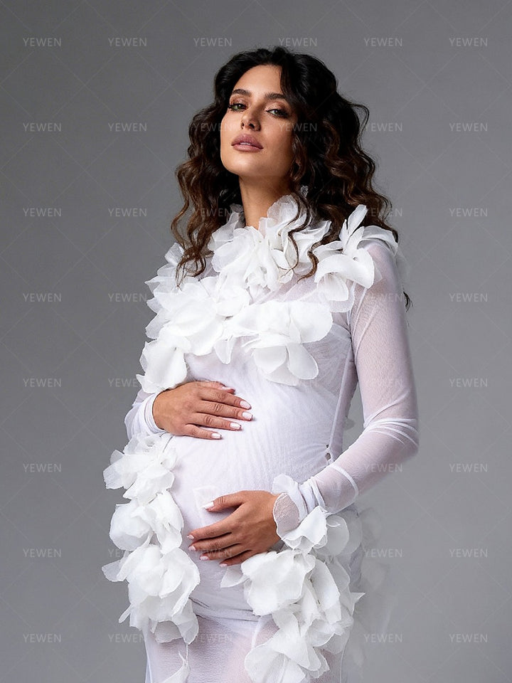 Sheer Maternity Photoshoot Dress Elegant White 3D Floral Long Sleeve Pregnancy Photography Gown