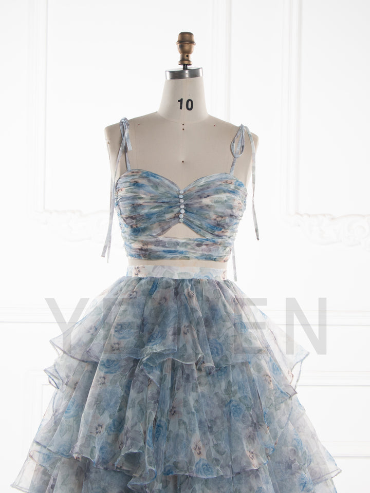 Blue Floral Two-piece Photoshoot Gown Layered Tiered Ruffle Special Occasions Dress YW260287