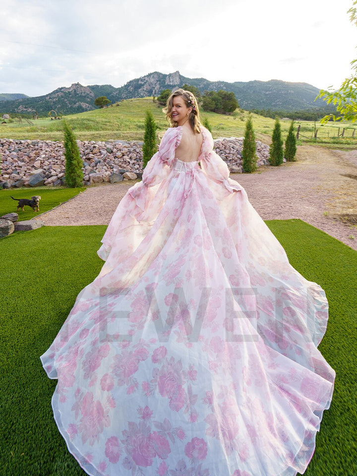 Printed Floral Organza Dresses Photoshoot Gown Side Leg Slit  YW221105-2