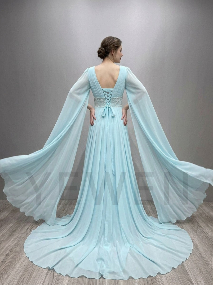 Blue Draped Chiffon Maternity Photoshoot Dress with long train YD260901