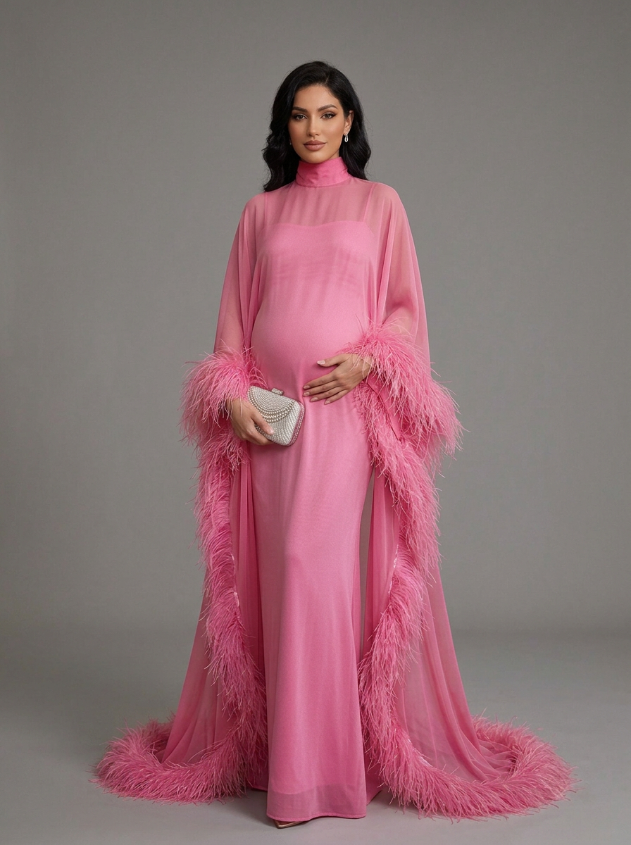 Luxury Ostrich Feather Cape Maternity Baby Shower Dress YD260837