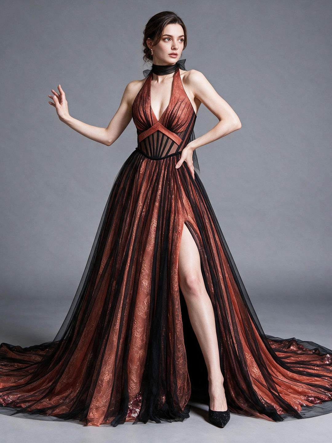 Halter Corset Tulle Evening Gown with Sequin Train YX26103
