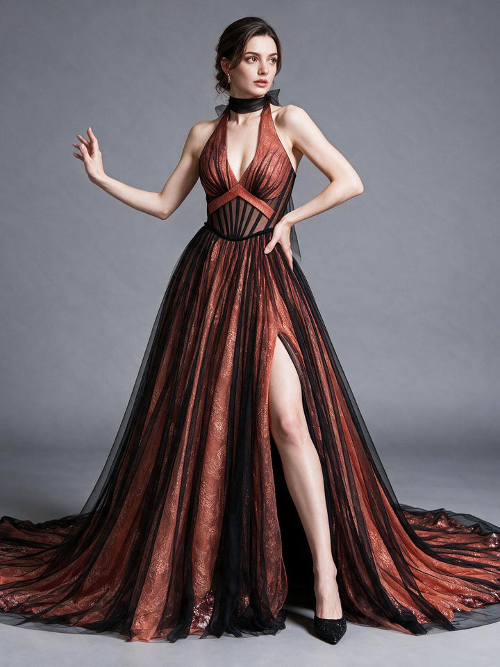 Halter Corset Tulle Evening Gown with Sequin Train YX26103