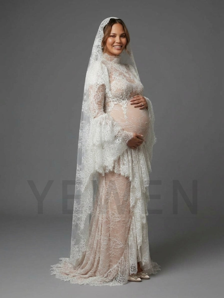 Ivory Mock Neck Lace Maternity Wedding Dress (without Veil) YD261007