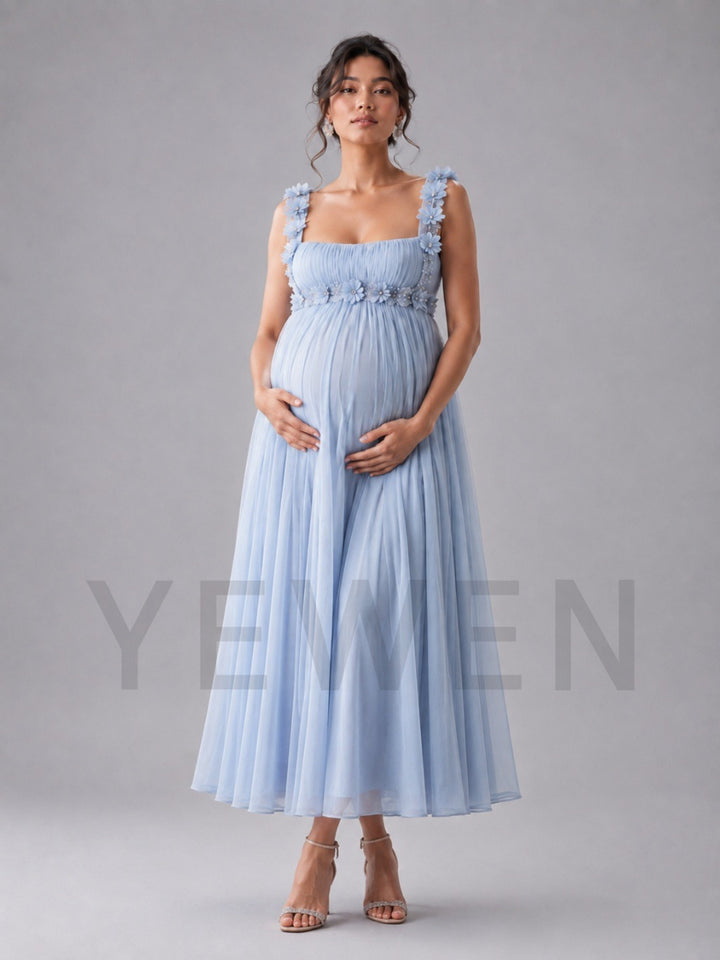 Light Blue Square Neck 3D Floral Maternity Baby Shower Dress L-26926