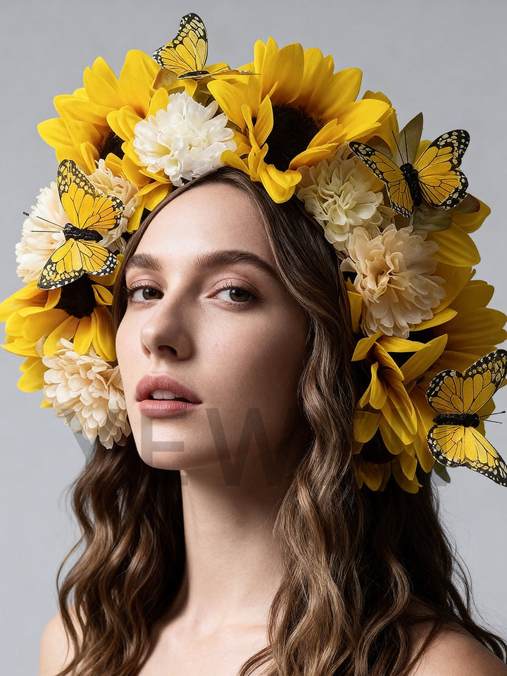Floral Headdress Sunflowers and Butterflies Floral Crown Hair Accessories Perfect for Photoshoot Bridal Flower Headdress YW26030503D