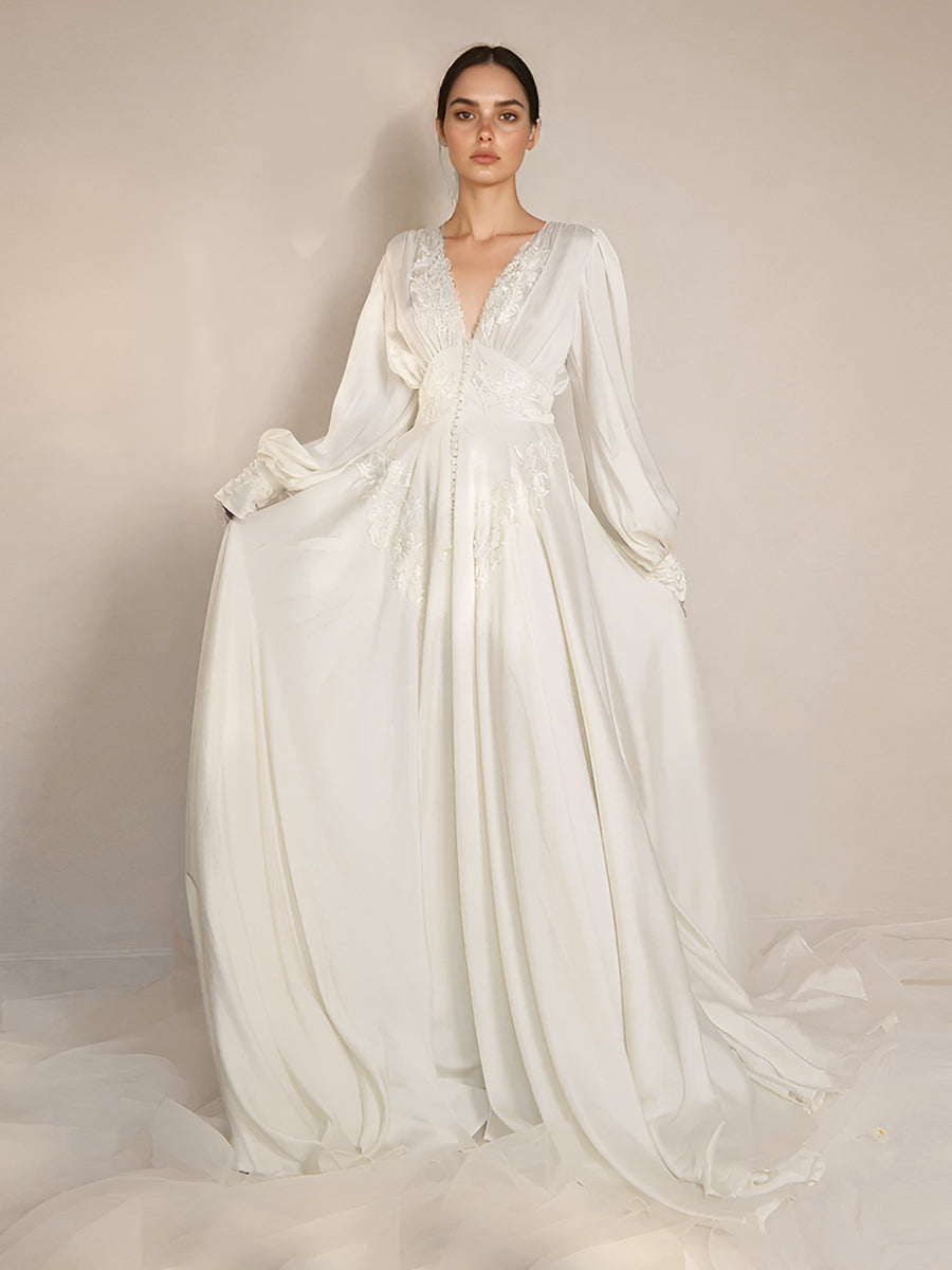 A line Long Sleeves Boho Wedding Dress Bridal Silk Gown Silk Dress 2 / Picture Color