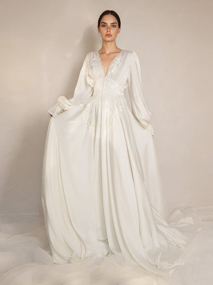 A line Long Sleeves Boho Wedding Dress Bridal Silk Gown Silk Dress 2 / Picture Color