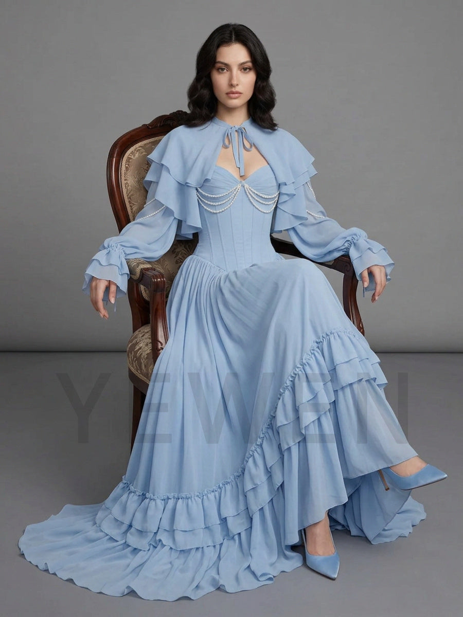 Blue Detachable Cape Sleeve Pearl Ruffle Corset Evening Gown YD260910