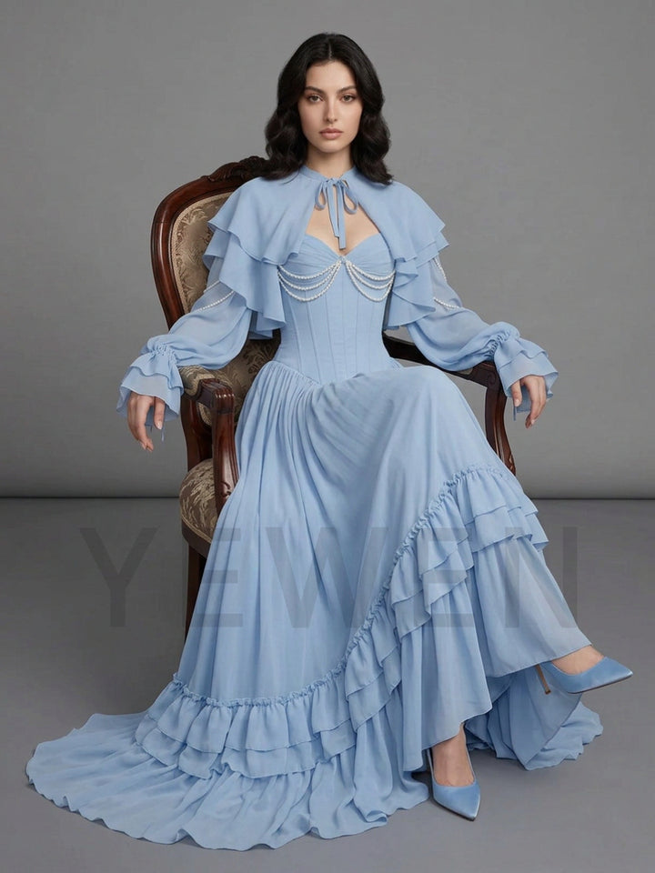 Blue Detachable Cape Sleeve Pearl Ruffle Corset Evening Gown YD260910