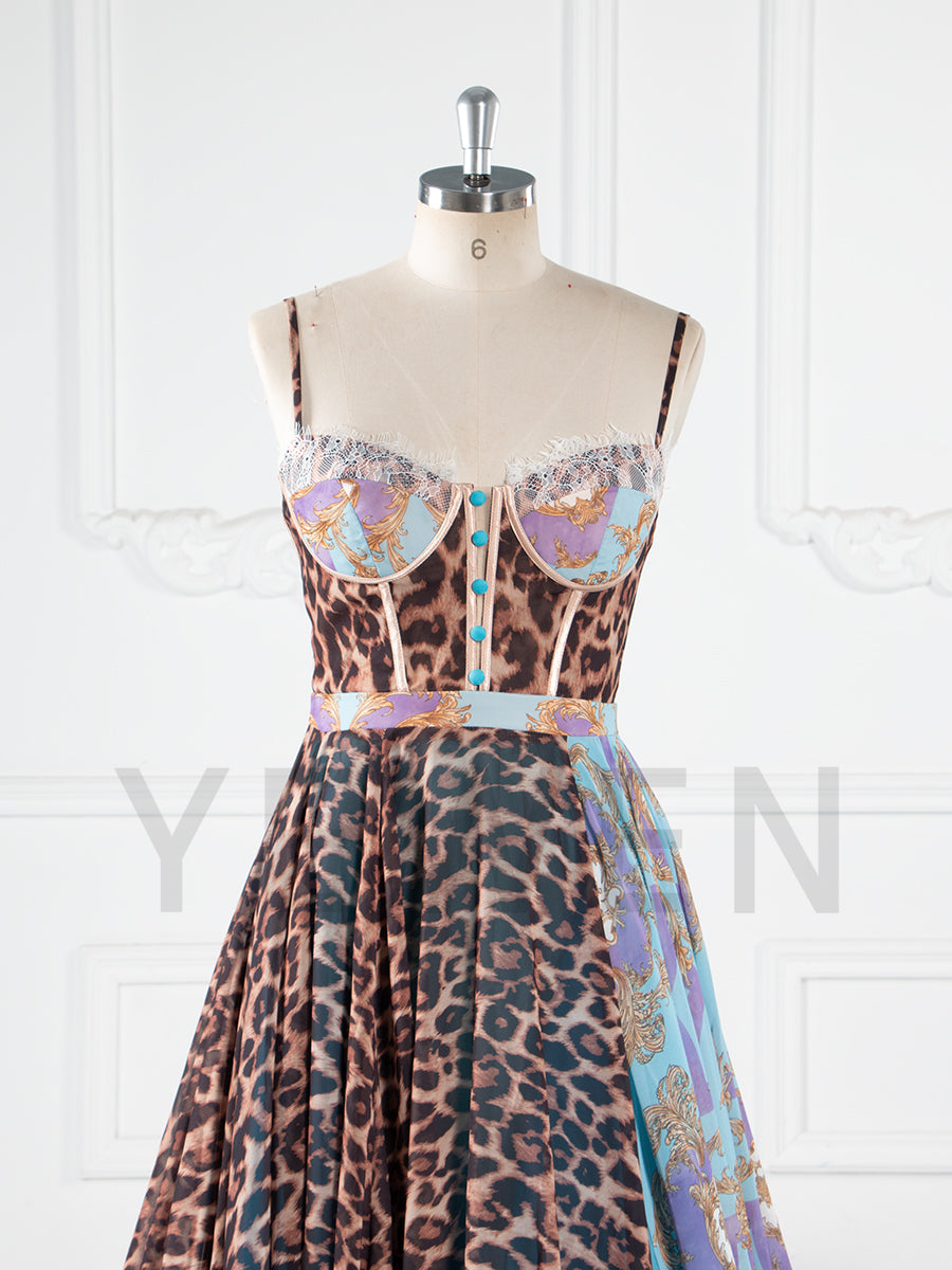 Luxury Leopard Print & Baroque Mixed Pattern Maxi Dress with Train for Women Photoshoot Outfit YW250066