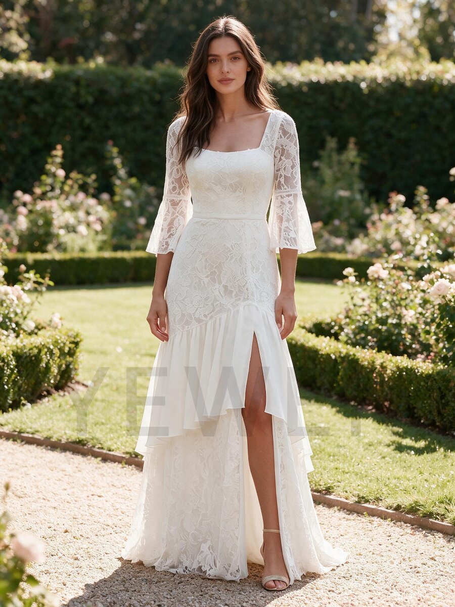 Ivory Square Neck Sheer Bell Sleeve Lace Boho Wedding Dress