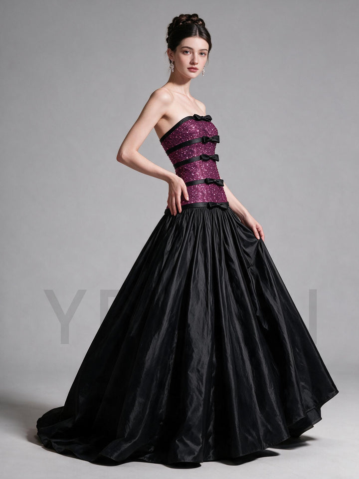 Strapless Sequin Bodice Evening Gown with Black Pleated Skirt YS001