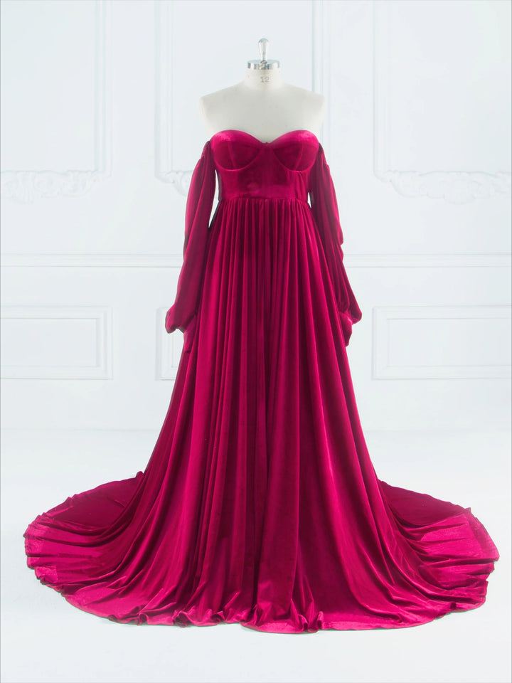 Fall Long Sleeves Velvet Evening Dress for Photo Shoot Outfit Gown YW240088