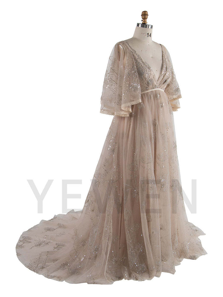 Boho sparkly Emboridery V Neck Maternity Photo Shoot Dress Beach Photoshoot Outfits YW250024