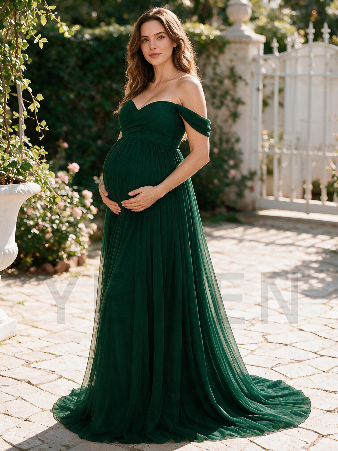 Emerald Green Off Shoulder Tulle Maternity Maxi Dress Baby Shower Photoshoot