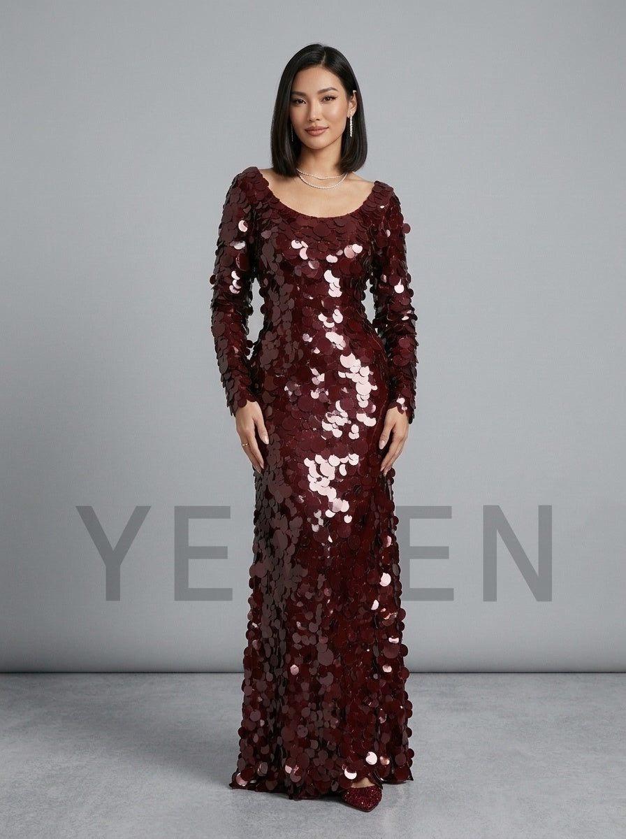 Burgundy Scoop Neck Big Sequin Long Sleeve Fit Evening Gown YD261024