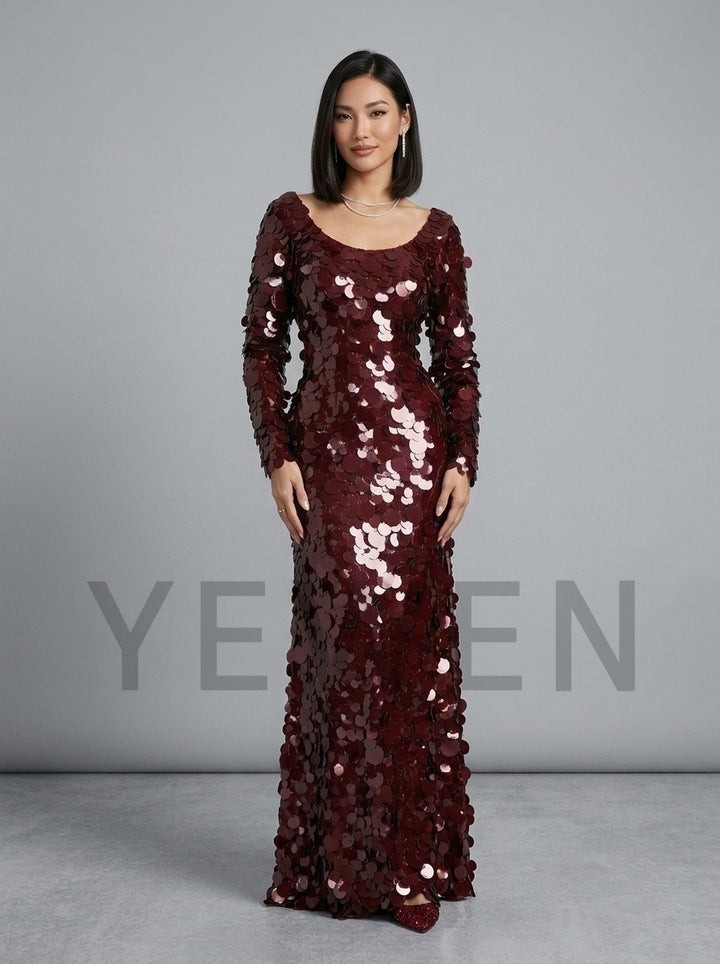 Pink Scoop Neck Big Sequin Long Sleeve Fitted Evening Gown YD261024