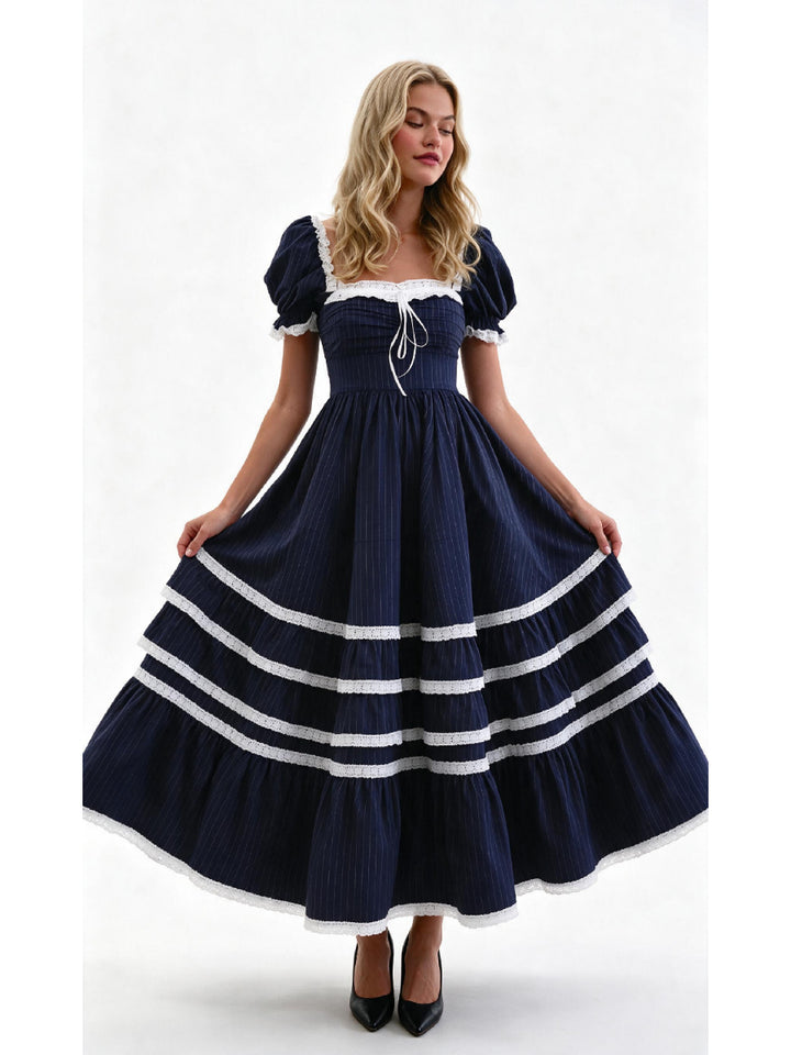 Navy Pinstripe Puff Sleeve White Lace Trim Princess Dress WT269001
