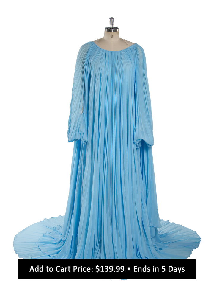 Flowing Pleated Blue Maternity Gown for Photoshoot Elegant Off Shoulder Pregnancy Dress with Long Train YW250071