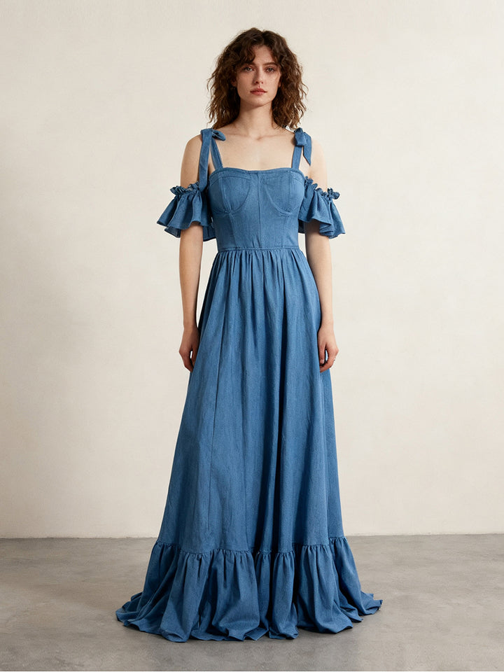 Off Shoulder Ruffle Sleeves Denim Blue Maxi Dress Boho Dress for Photoshoots YW250070