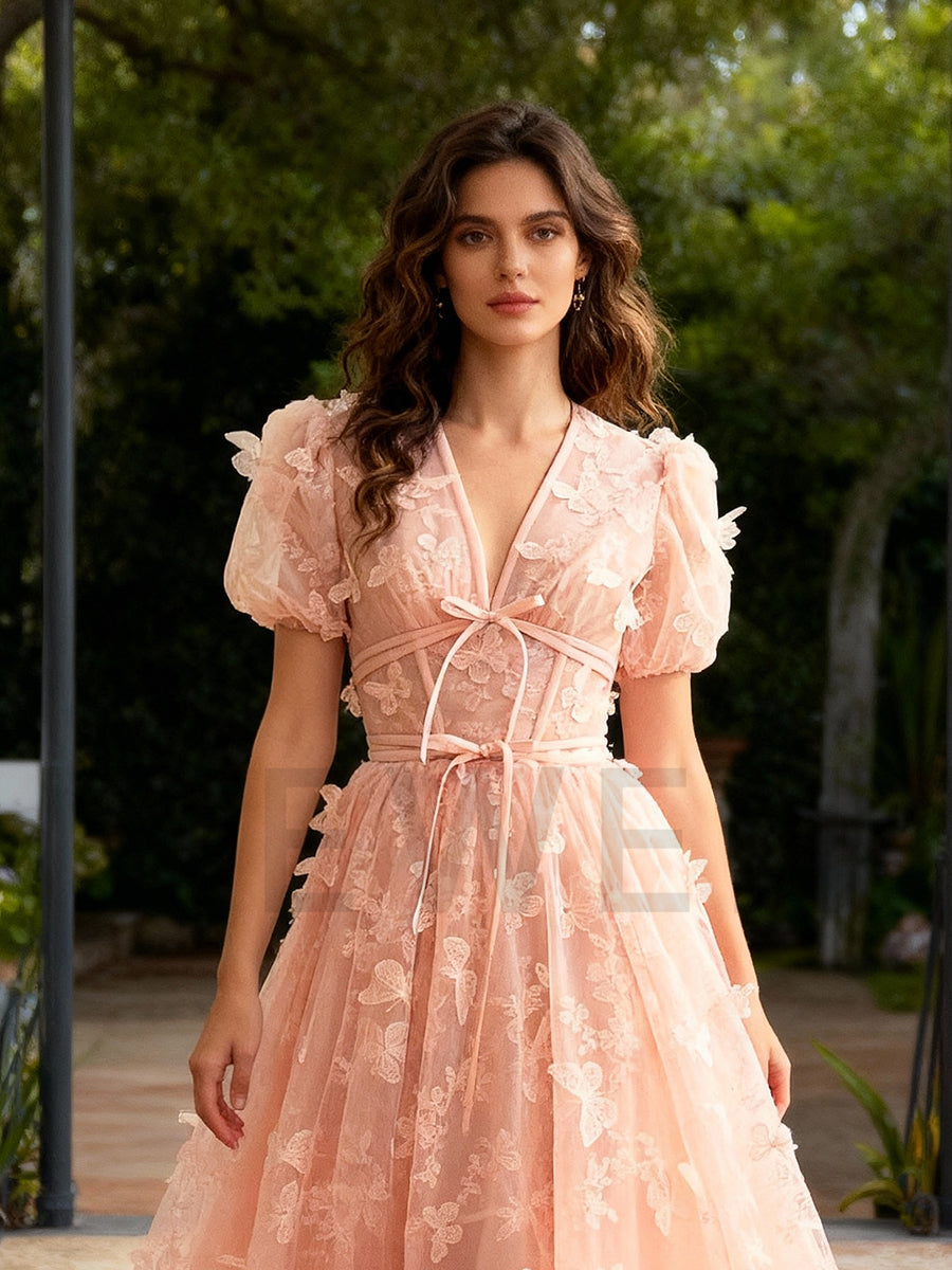 Butterflies Tulle Evening Dresses Floor Length V Neck Prom Gown