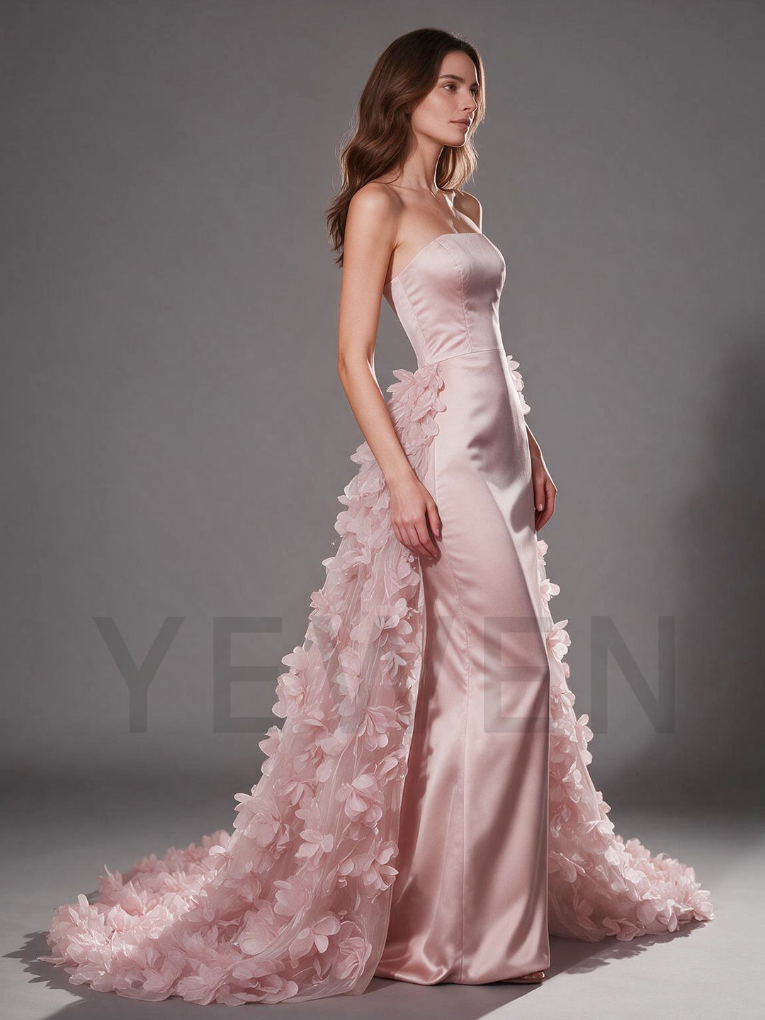 Pink Strapless Satin 3D Floral Evening Gown with Train YX002