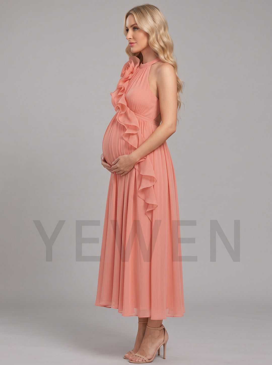 Halter 3D Floral Ruffle Chiffon Maternity Baby Shower Dress L-26936
