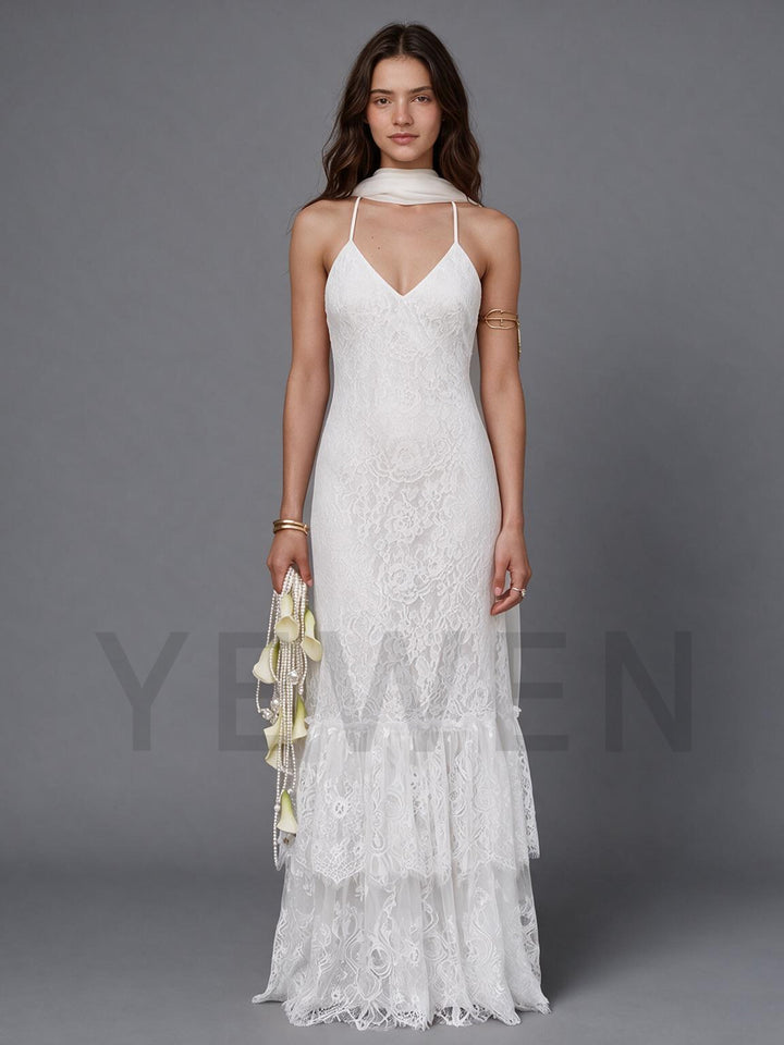 Ivory Spaghetti Strap V-Neck Scarf Lace Boho Wedding Dress